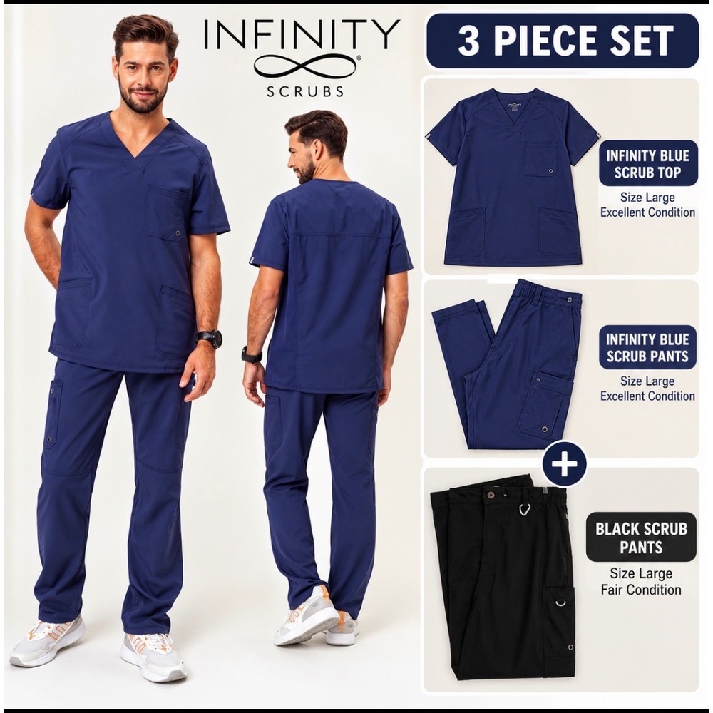 Cherokee Infinity Mens Scrub Set Blue Top & Pants Plus Extra Black Pants Large